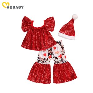 6 M-4Y Toddler Bebek Bebek Çocuk Kız Noel Giysileri Set Sequins Ruffles T Gömlek Karikatür Flare Pantolon Şapka Noel Kıyafetleri 210515