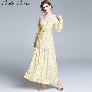 Spring Summer Runway High quality Women V-Neck Striped Floral Print Long Sleeve Casual Maxi Dress Elegant party dresses 210529
