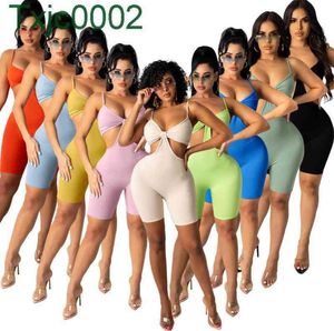 Women Jumpsuits Sexy Slim Sling Designer Summer Solid Color Sleeveless Vest V Neck Shorts Rompers Hollow Out Club Tight Overalls Pants
