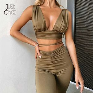 Justchicc profundo vice-pescoço veste casual 2 peças conjunto mulheres sólidas cintura gravata colheita top e calças de bell-bottomed roupas sexy 2020 y0625