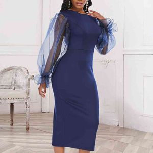 Женщины платье темно-синий Bodycon см. Через пэчворк с длинным рукавом элегантные офисные дамы африканские моды плюс размер тонкий весна падение 210416