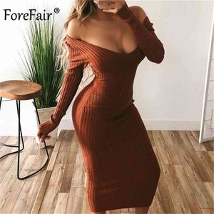 Forefair Manga Longa V Pescoço Bodycon Ribbed Knit Dress Mulheres Outono Inverno Moda Sólida Slim Casual MIDI Feminino Roupas 210806