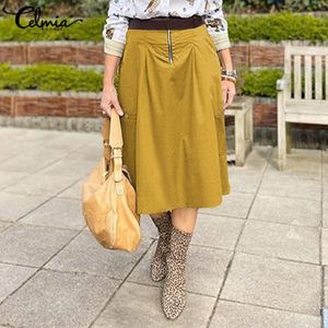 Celmia Skirt Women Zipper Midi Skirts Fashion Autumn Solid Color Vintage Casual Streetwear Female Office Baggy 5XL