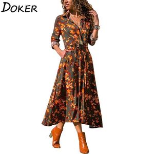 Long Sleeve Floral Print Shirt Dress Women Turn Down Collar Chiffon Beach Dress Autumn Plus Size Elegant Work Wear Dress 210915