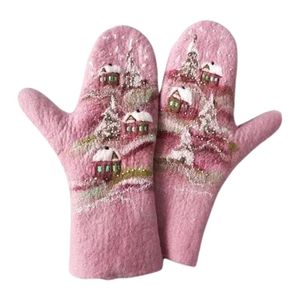 Five Fingers Gloves Women Winter Faux Cashmere Full Finger Christmas Landscape Houses Tree Print Holiday Thicken Warm Thermal Mittens MXMA