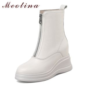 Ankle Boots Women Shoes Real Leather Platform High Heel Short Zip Wedge Heels Ladies Autumn Winter Size 40 210517