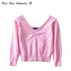 Sexy Vintage V-Neck Folds Pink Peach Heart Hollow Knit Swetry Slim Cienkie 3/4 Rękaw Krótki Crop Tops Swetover Bluzy dla kobiety 210806