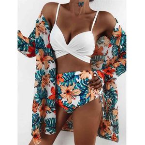 Sexy Three Pieces Bikini Set Cover Up Swimwear Women Swimsuit Print Long Sleeve Bathing Suit Beachwear Swimming Biquini 210712