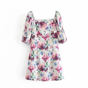 Vintage Ink Style Floral Print Mini Dress Women Fashion Square Collar A-Line Dresses with Lining Female Chic Vestidos 210520