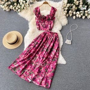 Summer Bohemian Women Floral Two Piece Dress Sexy Square Collar Short Tops + A-Line Midi Skirt Female Vacation Beach Suit New 2022