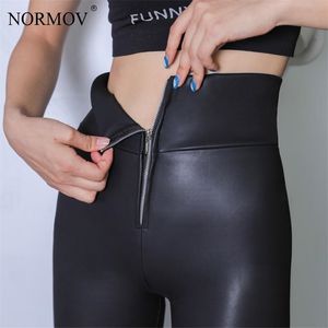 Normov inverno preto couro leggings mulheres cintura alta push up casual plus velvet elasticidade slim quente femme 211215