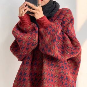 Jesień damski Vintage swetry Odzież Houndstooth Pullover Knit Lantern Rękaw O Neck Sweter Lazy Kurtka Pulowers 210514