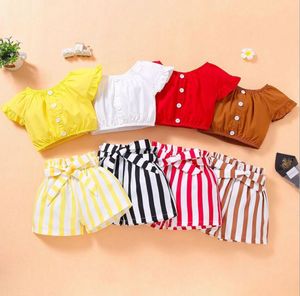 ベビー服女の子キッズ 2 個セット綿 100% O ネックシャツ + ストリップショート夏の子供ツーピースセット服