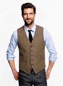 Coletes masculinos 2021 Brown Lã Herringbone Noivo Colete Formal Groom Wear Suit para Wedding Waistcoat Plus Size