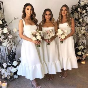 White Bridesmaid Dresses Straps Tea Length Satin Custom Made A Line Plus Size Maid Of Honor Gown Beach Wedding Vestido Formal Evening Wear 403 403