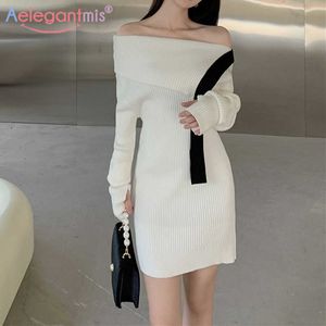Aelegantmis slash шеи вязаное платье женщины пэчворк сексуальный ребристый свитер мини-платья тонкий белый vestido de mujer с плеча 210607