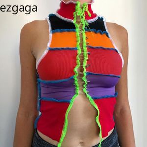 Ezgaga kvinnor T-shirt Ärmlös Autumn Mode Tank Top Turtleneck Hollow Out Patchwork Kontrast Tee Ladies Sexig Clubwear Vest 210430