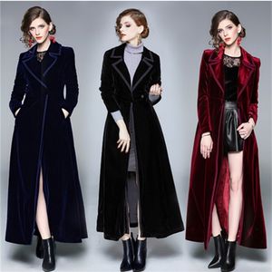 Winter Runway Designer Women Vintage Notched Collar Wrap Black Velvet Maxi Coat Gruby Ciepły Długi wykop Outwear 210914