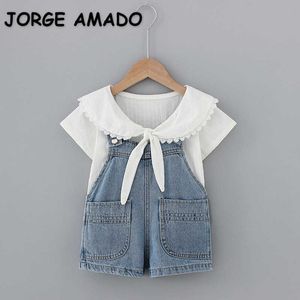 Summer Kids Girls 2-pcs Sets White Bow Peter Pan Collar Shirts + Denim Overalls Cute Style Clothes E0223 210610