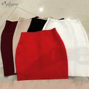 Summer Style Sexy Solid Color Zipper Nude Black Skirt Bandage Ladies Elastic Bodycon Mini Pencil 210527