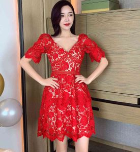 2024 New Womens Dress High Quality Self Portrait Summer Runway Water Soluble Lace Hollow Out Women Puff Sleeve Cake Mini Dress Summer Dresses For Women 670