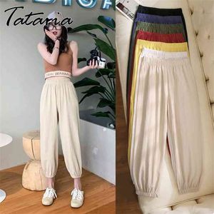 Pantaloni di lino in cotone per donne giallo colore solido harem caviglia lunghezza vita alta vita pantaloni pantaloni femmina 210514