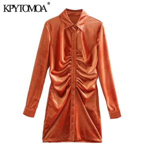 KPYTOMOA KVINNOR 2021 Chic Fashion Pleated Velvet Mini DrVintage Långärmad Button-up Kvinna Klänningar Vestidos Mujer X0529