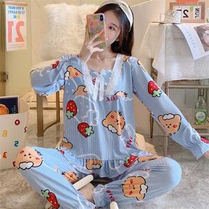 WAVMITの女性Pajamasコットンかわいいロングトップスセットレース若い女の子Pajamasセットナイトスーツの寝室ホームウェア211215