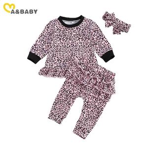 0-2y jesień wiosna niemowlę berbeć urodzony baby girl leopard odzież zestaw ruffles tops spodnie opaski stroje 210515