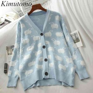 Kimutomo Cute Cartoon Owce Dzianiny Kardigany Dziewczyny V-Neck Z Długim Rękawem Pojedynczy Sweter Biersed Outwear Casual Wiosna Cienka 210521