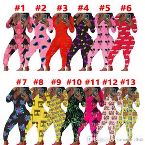 Frauen Jumpsuits Strampler Designer Pyjama Nachtwäsche Body Workout Skinny Hot Print V-Ausschnitt Langarm Hosen Damen Home Pyjamas Strampler