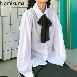 Nomikuma yay-düğüm bluz kadınlar katı dönüş aşağı yaka tek göğüslü blusa gömlek tiki tarzı gevşek uzun kollu 3C918 210514 Tops