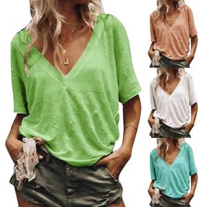 Summer Women T Shirt Plus Size Solid Color V Neck Krótki rękaw T-shirt Loose Basic Top X0628