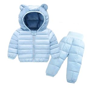 冬の子供服セット赤ちゃんの男の子の暖かいフード付きのジャケットズボンセット赤ちゃん女の子男の子スノーシュールコートスキースーツ211021