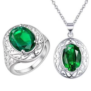 Green Cubic Jewelry Sets Zircon Crystal Fashion Pendant Necklace Ring