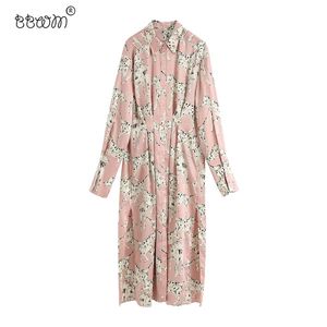 Kvinnor Chic Fashion Animal Print Pleated Long Shirt Dress Vintage Sleeve Button-Up Klänningar Casual Vestidos 210531