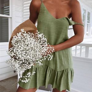 FOREFAIR Mini Yaz Elbise Kayışı Derin V Yaka Katı Renk Fırfır Artı Boyutu Gevşek Rahat Keten Sundress Seksi Plaj Kadın Elbiseler
