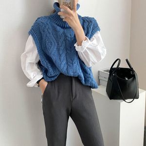 Sonbahar Bahar Kore Turtleneck Yün Kazak Yelek kadın Katı Büküm Tifte Örme Tank Tops Mujer Gevşek Yelekler 210514