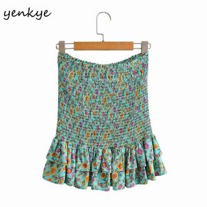 Floral Print Holiday Boho Skirt Women Elastic High Waist Hem Ruffle Mini Summer Cotton Jupe Femme 210514