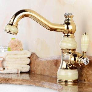 Brass Jade Body Torneira Cozinha with Marble Basin Faucet Single Handle Gold Finish Basin Sink Mixers Water Taps