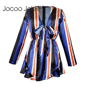 Jocoo Jolee Women Plunging Neck Bowknot Striped Jumpsuit Stripe Long Sleeves Mini Casual Female Vestido Fashion Summer 210619