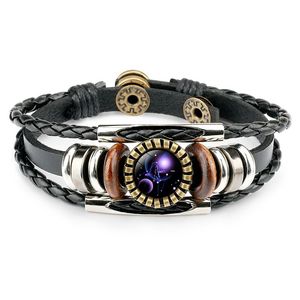 12 Oroscopo Segno Cabochon in vetro Bracciale con ciondoli Braccialetti avvolgenti in pelle multistrato Gioielli di moda per donna Uomo