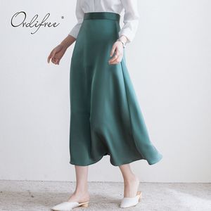 Primavera verão elegante mulheres verde cetim vintage feminino seda elegante escritório senhora midi saia 210415