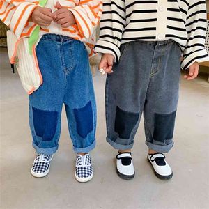 Sonbahar erkek kız moda renk eşleştirme gevşek kot çocuk büyük boy denim pantolon 1-6Y 210708