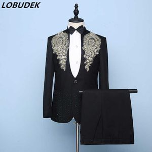 New Men's Rhinestones Suits Stage Costume Stand Collar Embroidery Blazer With Pants Male Host Stage Performance Chorus Suit X0909