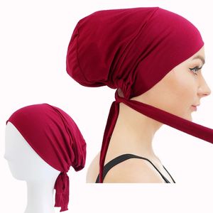 Bomull Turban Cap Long Pre-tie Style Head Wear med elastiskt band för kvinnor Soild Color Night Sleep Cap Hair Care Chemo Caps