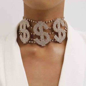 Strass Halsbänder Frauen großhandel-Übertriebener Strass Dollar Zeichen Halskette Statement Choker für Frauen Mode Kristallkragen Halsketten Kette Partei Schmuck