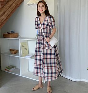 Kieszeń Summer Women Bawełna Ol Krótki Rękaw Suknie Kobiet Dress V Neck Plaid Long Boho Robe Femme Vestido 210417