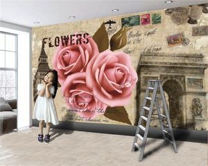 Tapety 3D Różowe Róża Palmark Mural Tapeta Klasyczne Retro Pokój dzienny Sypialnia Kuchnia Wodoodporna Antifouling Papiery ścienne