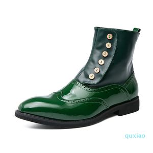 New Arrival Men's Green Botki Botki Spiczaste Patent Patent Man Brogue Buty Wysokie Top Krótkie Buty Dla Mężczyzna Motocykl 38-46